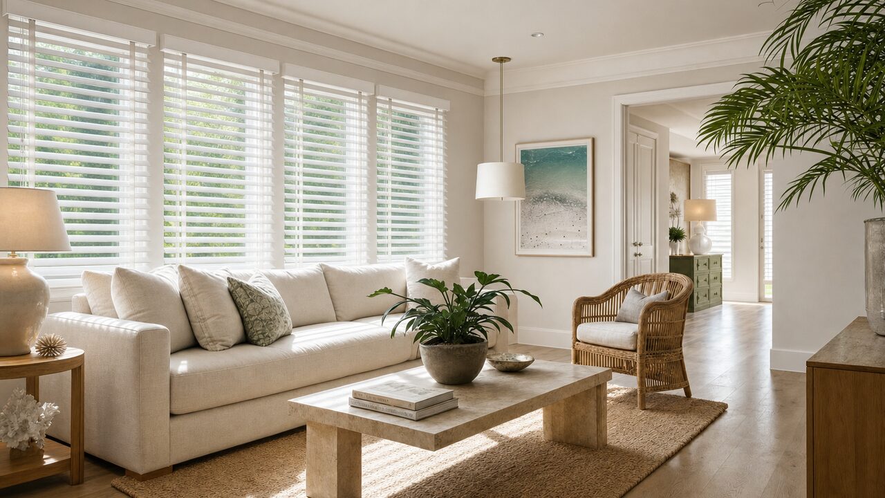 A bright living room with a pale linen sofa and a travertine coffee table, white wide-slat wood blinds hanging from slim headrails across a bank of windows, slats tilted open to the daylight