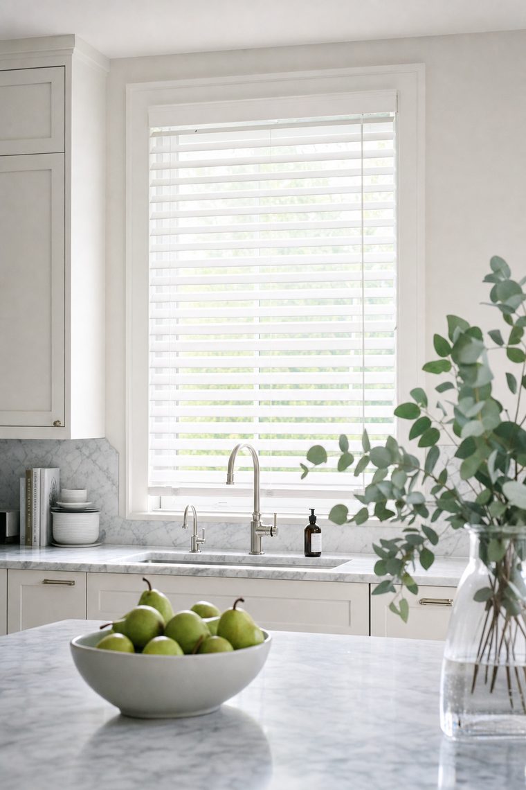 Walnut wood blinds with louvers tilted open, casting warm bars of light