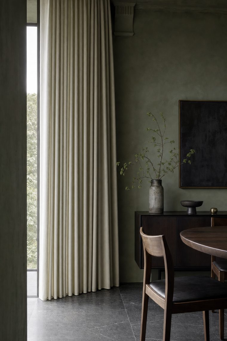 Floor-to-ceiling ivory linen pinch-pleat drapery glowing with afternoon light