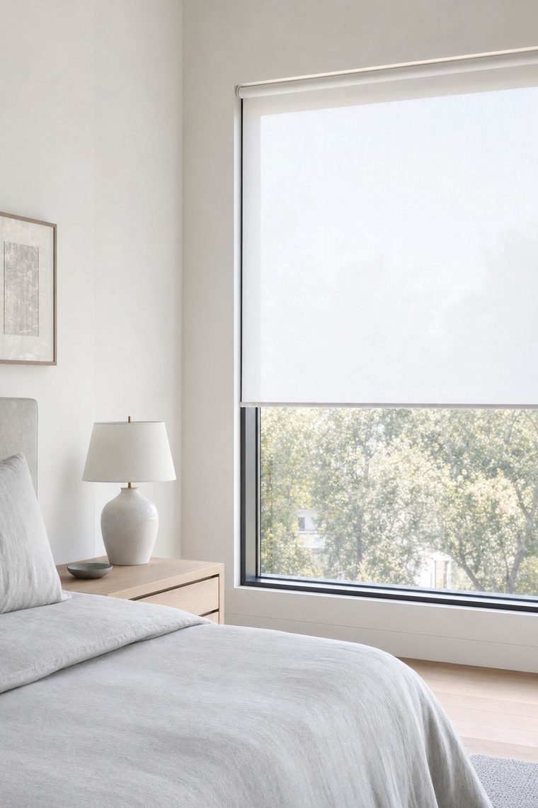 A woven flax roman shade raised two thirds, filtering soft morning light