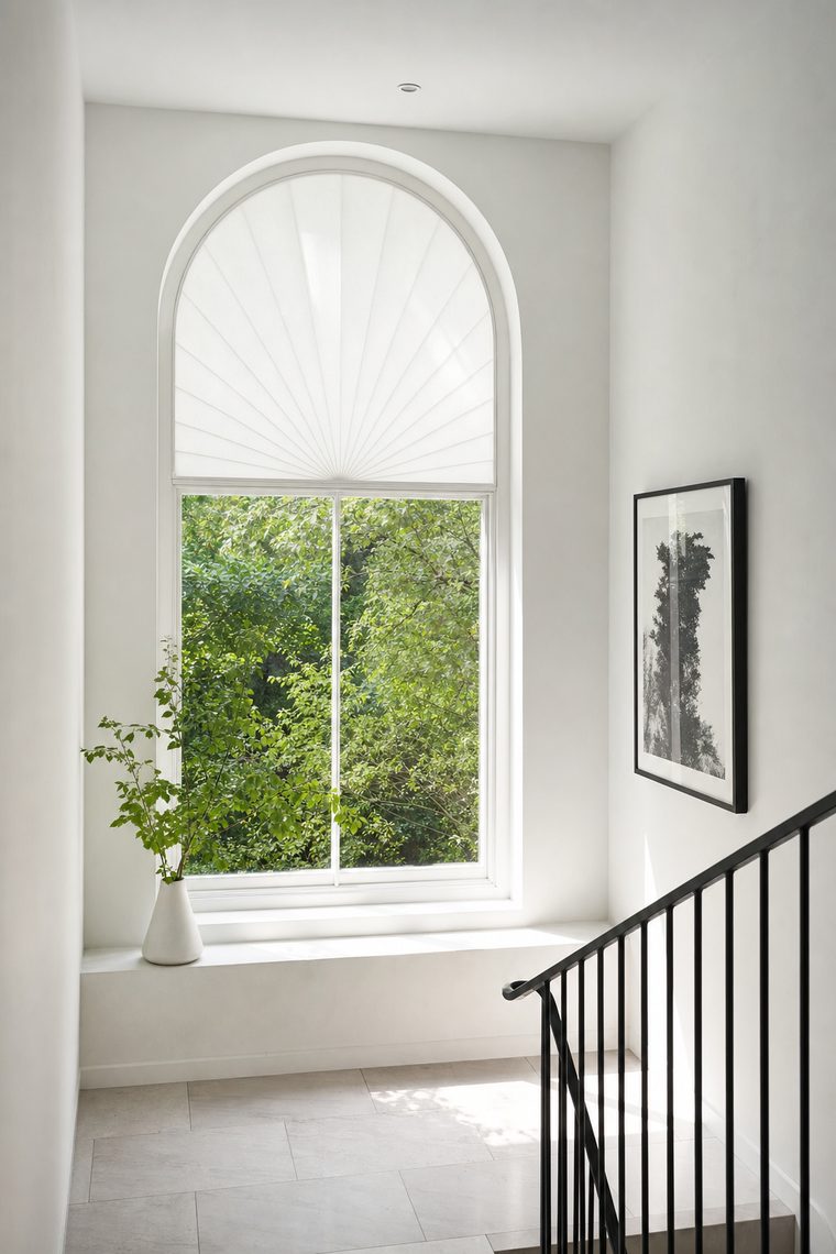 An arched window with a custom fan-shaped flax shade fitted to the curve