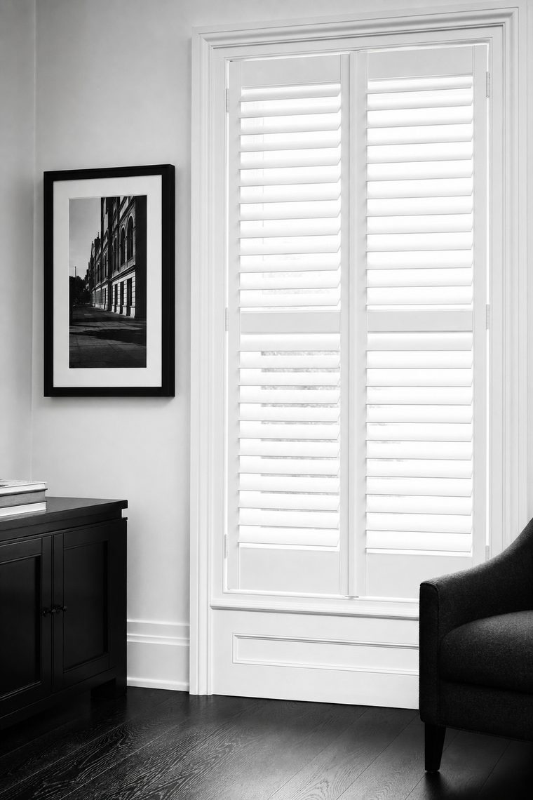 Warm white plantation shutters with wide louvers angled partly open