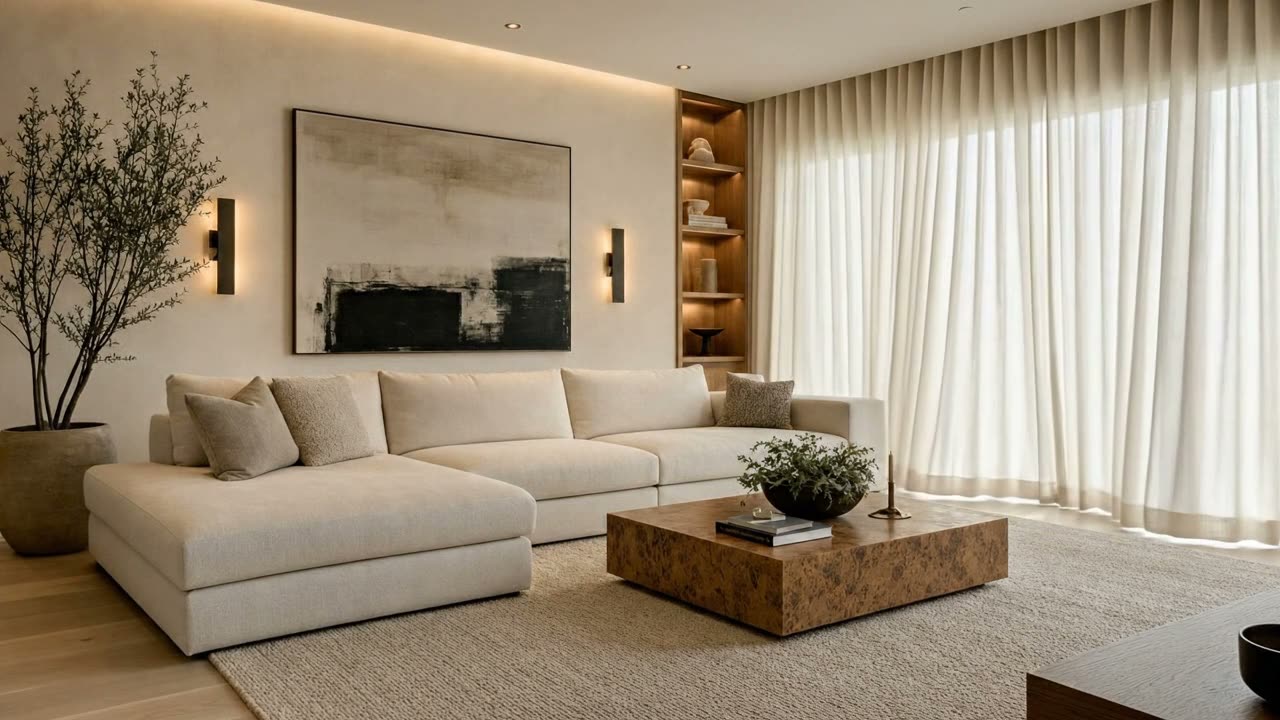 A living room with an ivory sectional and a burl coffee table, ivory ripple-fold drapery running the full length of a window wall from a recessed ceiling track