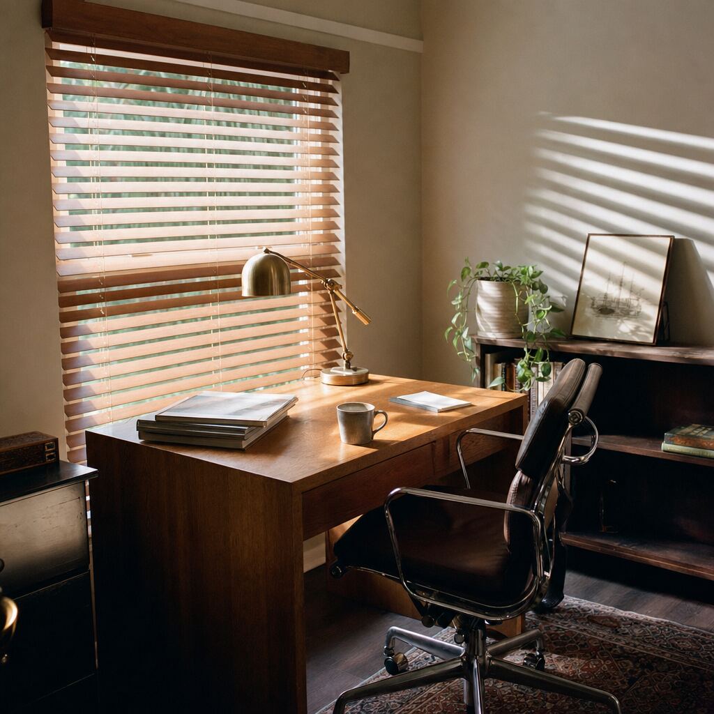 Horizontal blinds tilted open in a bright room