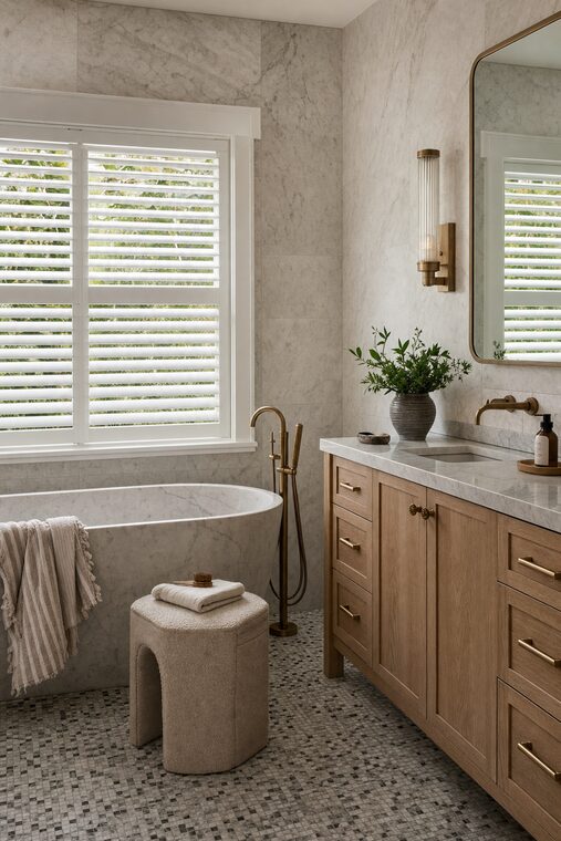 A bathroom with a freestanding stone bath and honed marble walls, crisp white faux-wood blinds tilted up over the window beside it