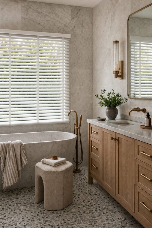 A bathroom with a freestanding stone bath and honed marble walls, crisp white faux-wood blinds tilted up over the window beside it