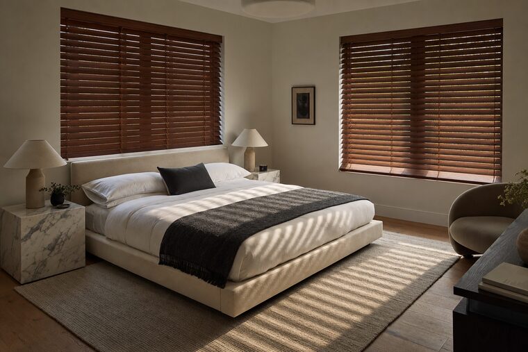 A bedroom with a low upholstered bed and marble bedside tables, rich walnut wood blinds across two windows