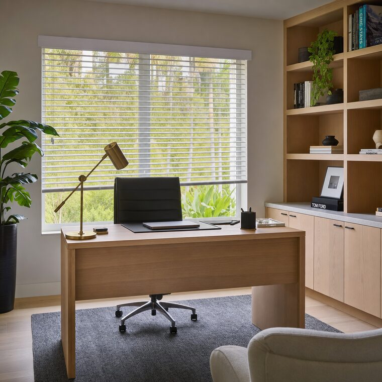 A home office with a white oak desk and integrated shelving, slim white aluminum venetian blinds over the window with the louvers open and level