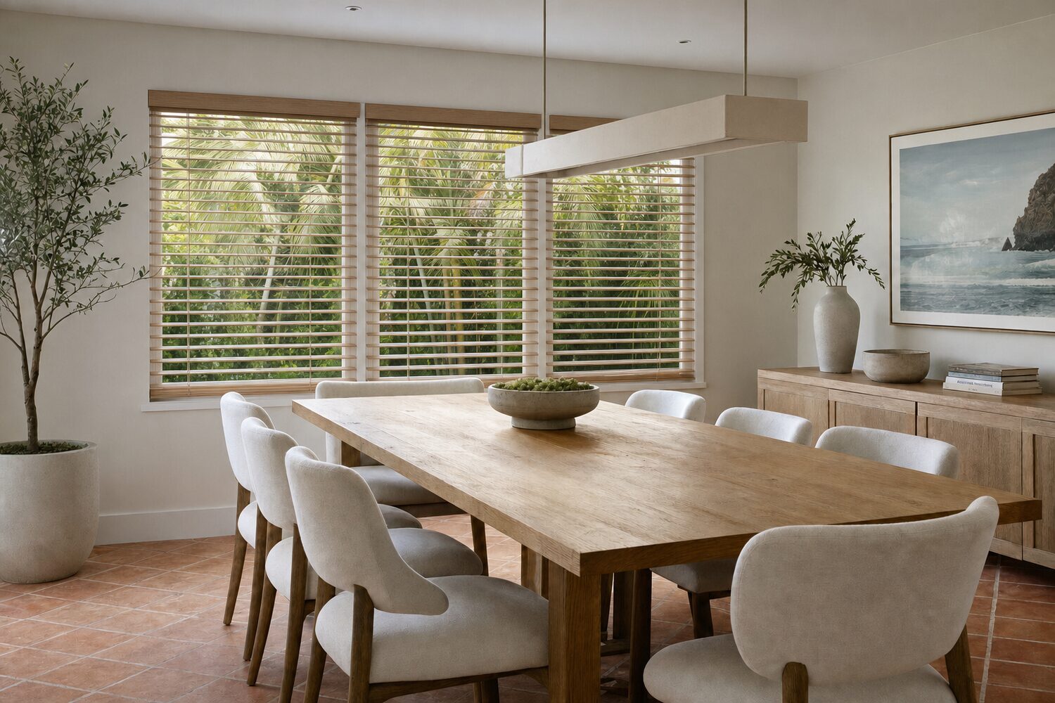 A dining room with a long white oak table and a linear plaster pendant, wide-slat white wood blinds across a run of three windows