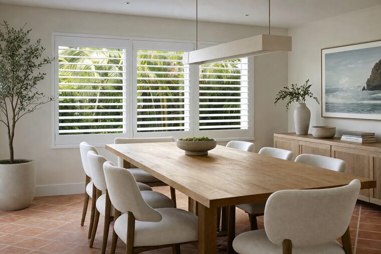 A dining room with a long white oak table and a linear plaster pendant, wide-slat white wood blinds across a run of three windows