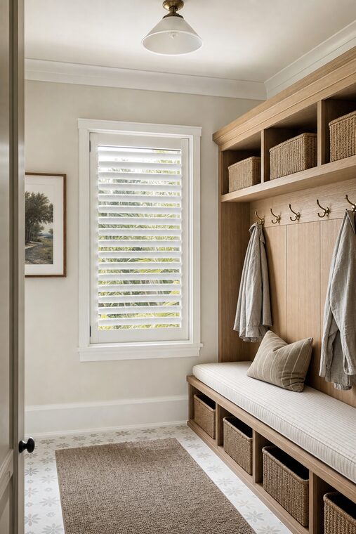 A fitted mudroom with white oak lockers, bench seating, and woven baskets, white painted wood blinds over the window with the louvers tilted open