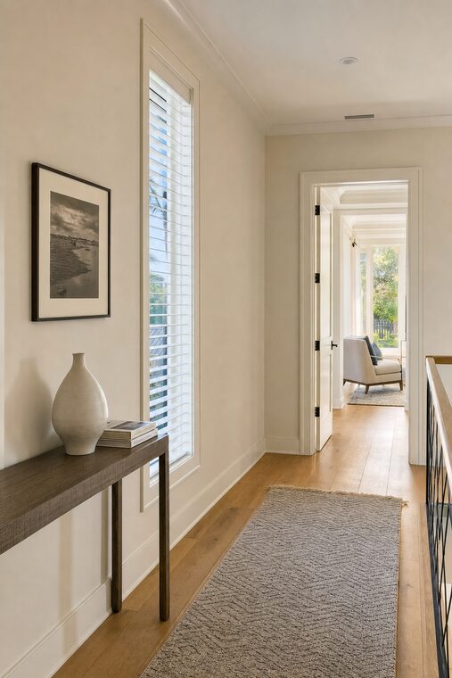 An upstairs hall with a console table and a runner rug, slim white blinds on a tall narrow window with the louvers open
