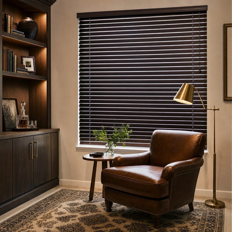 A den with a leather club chair and built-in shelving, a dark stained timber venetian blind over the window with the slats tilted nearly closed
