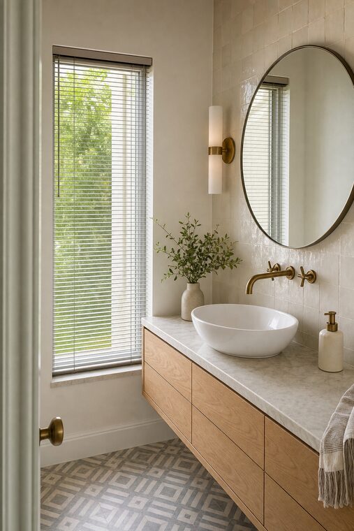 A powder room with a floating white oak vanity, a vessel basin, and brass wall-mounted tapware, fine slim aluminum micro blinds tilted over a small window