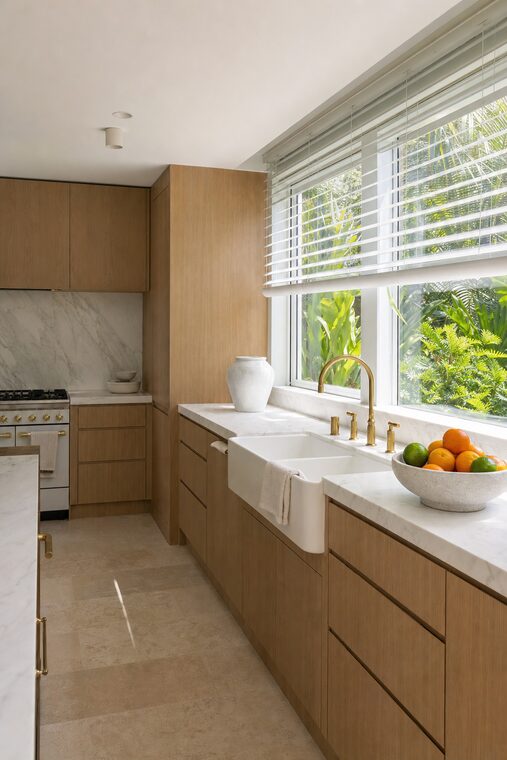 A kitchen with white oak cabinetry, a marble counter, and an apron sink, slim white blinds over the window above the sink with the louvers tilted open