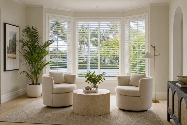 A sitting room with cream lounge chairs and a potted palm, white painted wood blinds fitted across all three panels of a shallow bay window