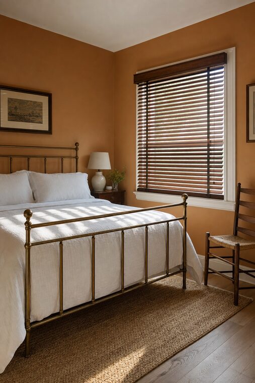 A guest bedroom with clay-colored walls and a brass bed, walnut wood blinds laying soft bars of light across the bedding