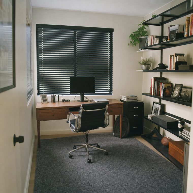 A home office with a walnut desk and open shelves, charcoal aluminum venetian blinds almost closed over the window behind