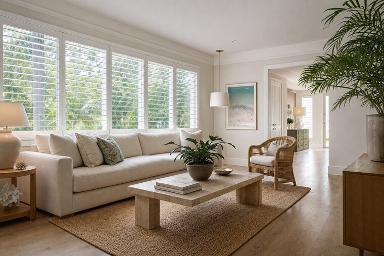 A living room with a pale linen sofa and a travertine coffee table, wide-slat white painted wood blinds across a bank of windows with the louvers open