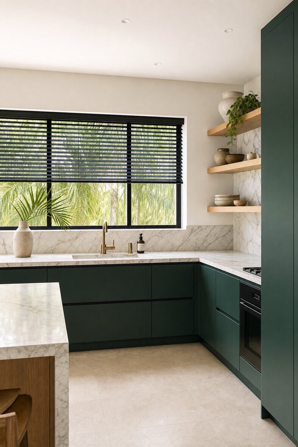 A kitchen with dark green cabinetry, a marble backsplash, and brass tapware, slim matte black aluminum venetian blinds over the window half tilted