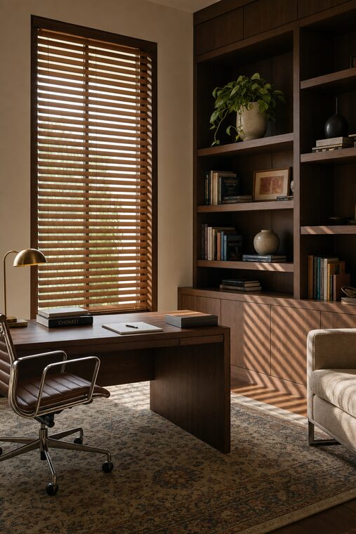 A study with a walnut desk and built-in shelving, warm oak wood blinds over a tall window with the louvers angled down across the desk