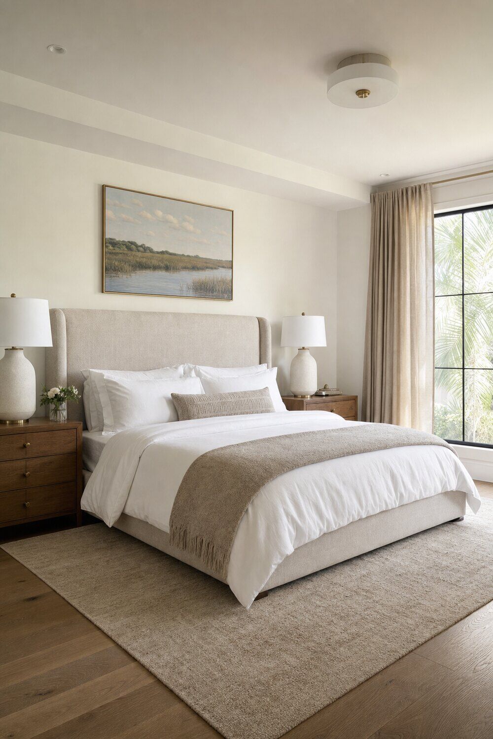 Full-length drapery panels framing a window in a sunlit room