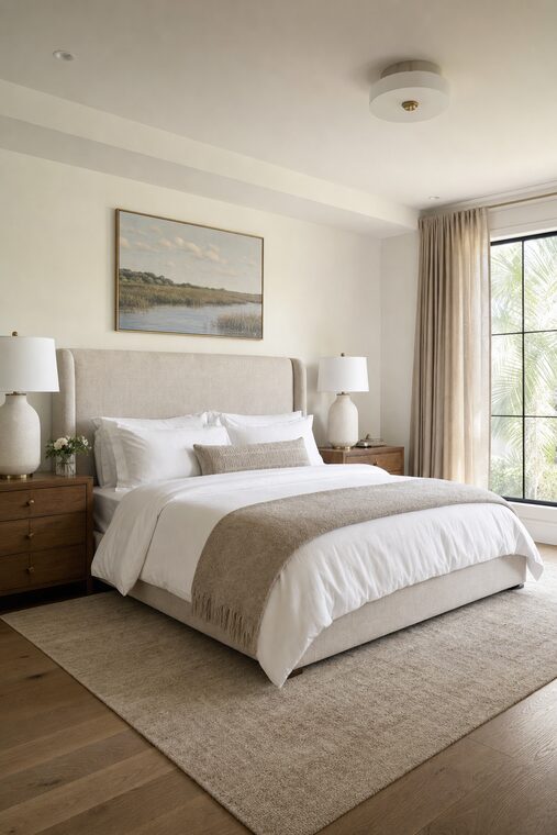 A bedroom with a tall linen headboard, layered white bedding, and walnut bedside tables, floor-length oatmeal drapery hanging beside a tall window