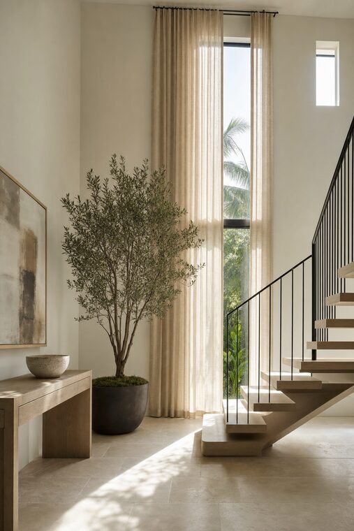 An entry hall with a white oak stair and a potted olive tree, natural linen drapery hung from a ceiling track the full double height of a tall window