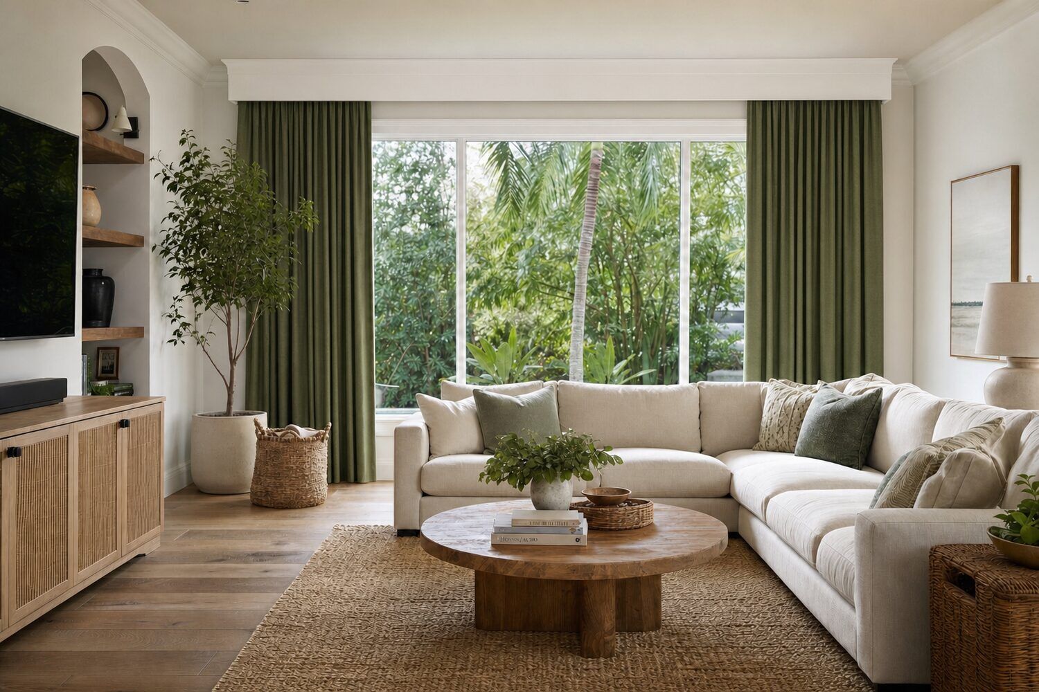 A family room with a large linen sectional and a jute rug, sage green pinch-pleat drapery hung either side of a wide window onto green planting