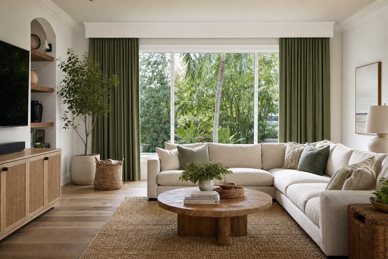 A family room with a large linen sectional and a jute rug, sage green pinch-pleat drapery hung either side of a wide window onto green planting