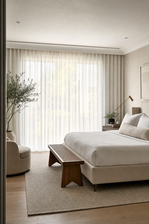 A guest bedroom with an upholstered bed and a caned bench, full-height white linen sheers drawn across a window wall with daylight diffusing through