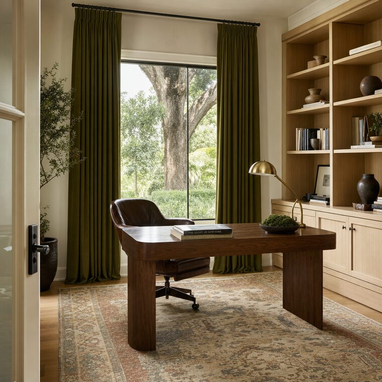 A study with a walnut writing desk and built-in oak shelving, deep olive velvet drapery panels framing the window on a slim blackened rod