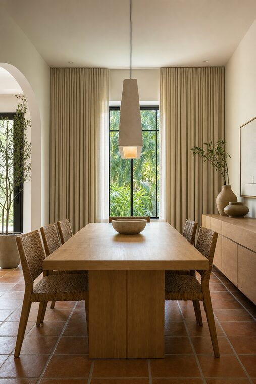 A dining room seen past the end of a white oak table with woven chairs, oatmeal drapery hung floor to ceiling behind it across a tall window