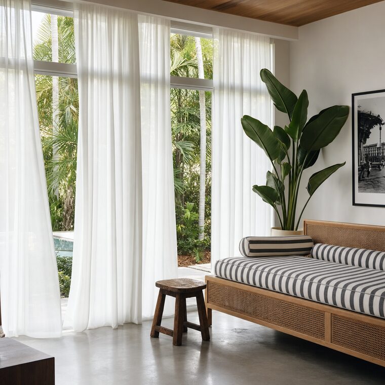 A sunroom with a cane daybed and a potted bird of paradise, sheer white drapery hung the full height of a glazed wall and lifting slightly in a breeze