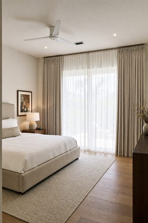 A bedroom with a low upholstered bed and a walnut bedside table, a white sheer drawn across the glass and stone-colored drapery hung outside it on a slim track