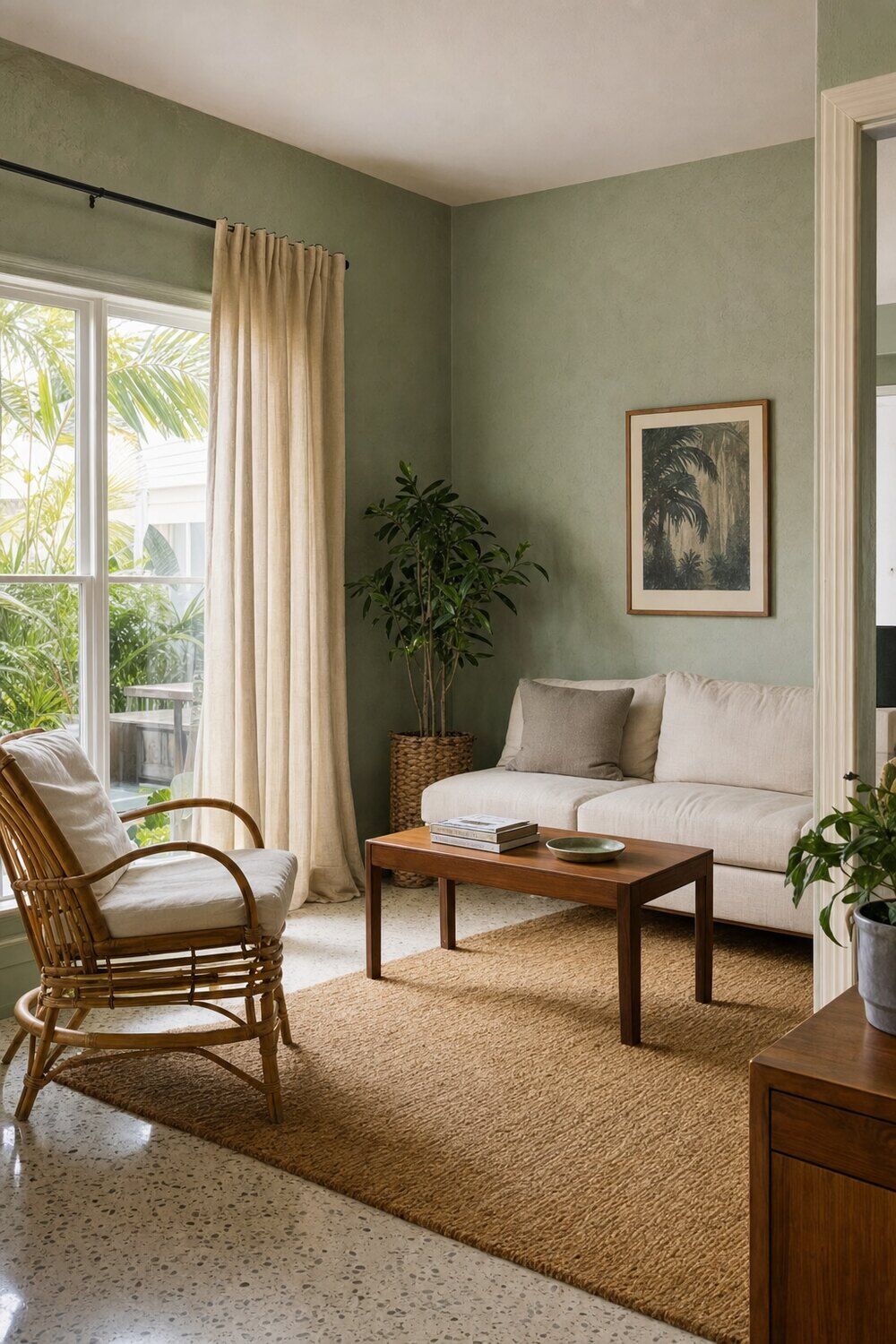 Full-length drapery panels framing a window in a open-plan room