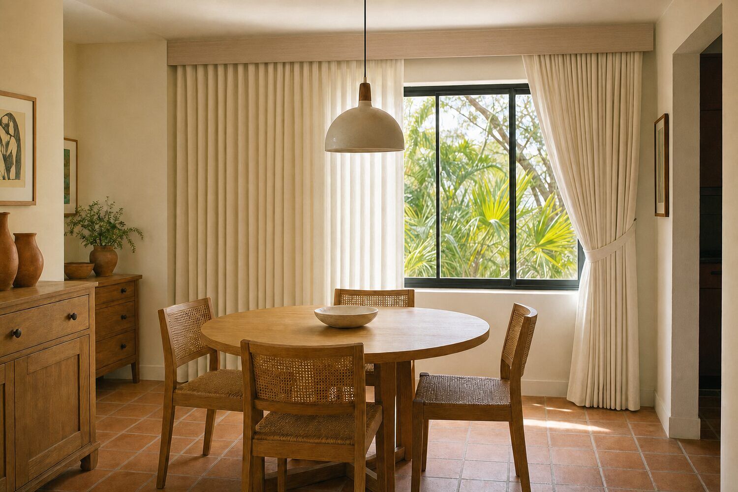Full-length drapery panels framing a window in a paneled room