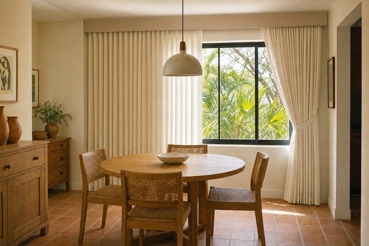 A dining room with a round white oak table and woven-back chairs, ivory pinch-pleat drapery across a wide window with one panel drawn back