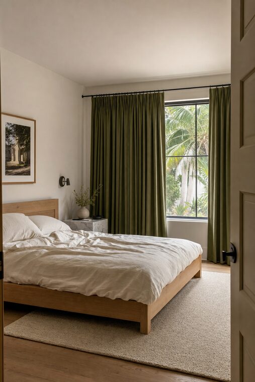 A bedroom with warm white walls and a low white oak bed, deep olive drapery hanging floor to ceiling on a slim black rod
