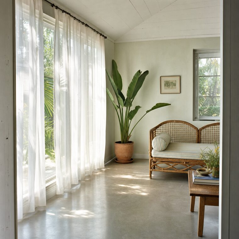 A Florida room with limewash walls, a cane daybed, and a potted bird of paradise, sheer white drapery running the full height of the glass