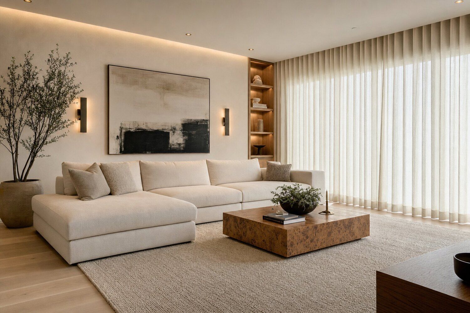 Full-length drapery panels framing a window in a bright room