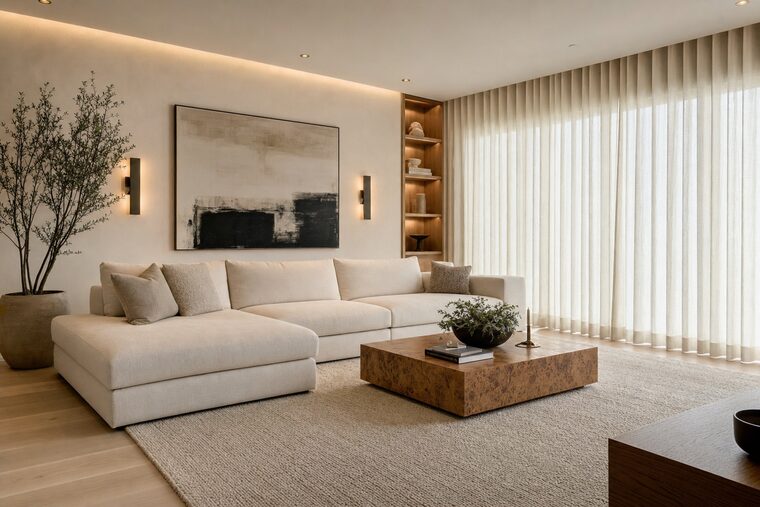 A living room with an ivory sectional and a burl coffee table, ivory ripple-fold drapery running the full length of a window wall from a recessed ceiling track