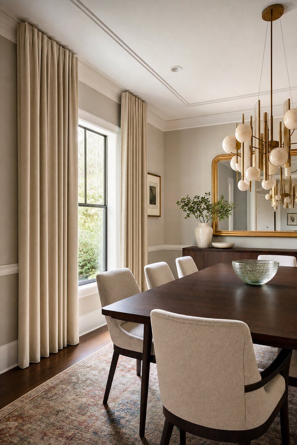 Full-length drapery panels framing a window in a open-plan room