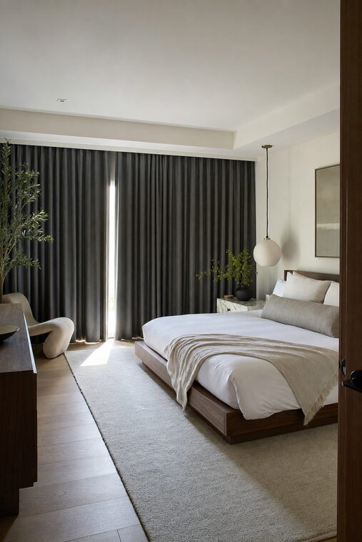 A primary bedroom with a low walnut bed and layered white linen, charcoal blackout-lined drapery drawn almost closed with a blade of morning light between the panels