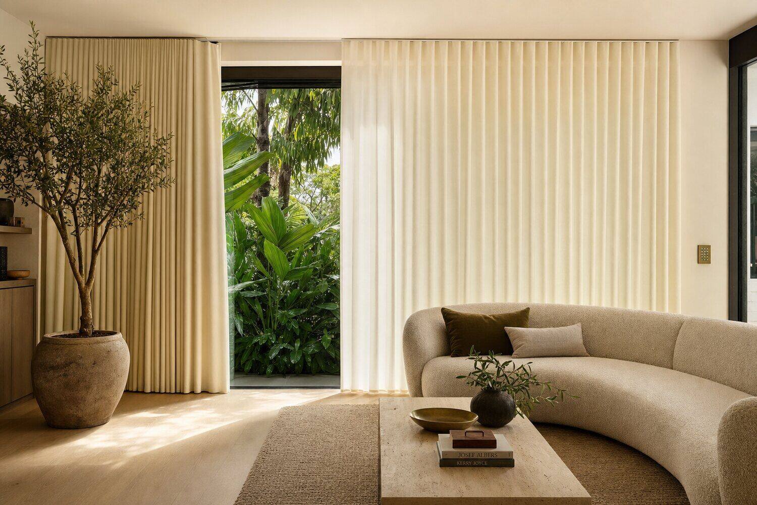 A living room with ivory drapery hanging from a recessed ceiling track across a wide window wall, caught halfway through drawing open with one panel stacked back, a slim brass wall keypad on the plaster beside it and no cord or wand anywhere