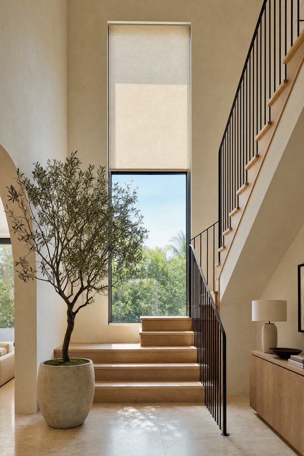 Motorized shades across a window wall in a paneled room