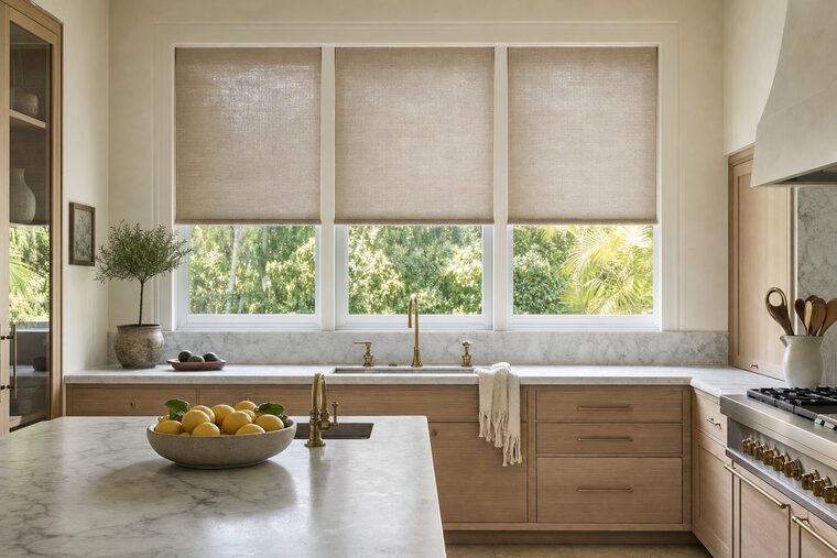 A kitchen with white oak cabinetry and a marble counter, three motorized flax shades over a run of windows above the counter all stopped at the same height