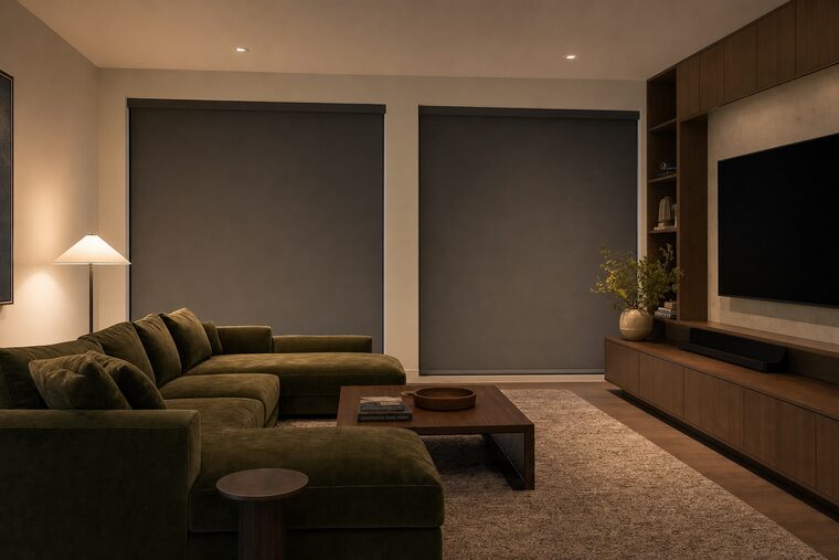 A media room with a deep olive velvet sectional and one lit floor lamp, motorized blackout shades fully lowered across two windows