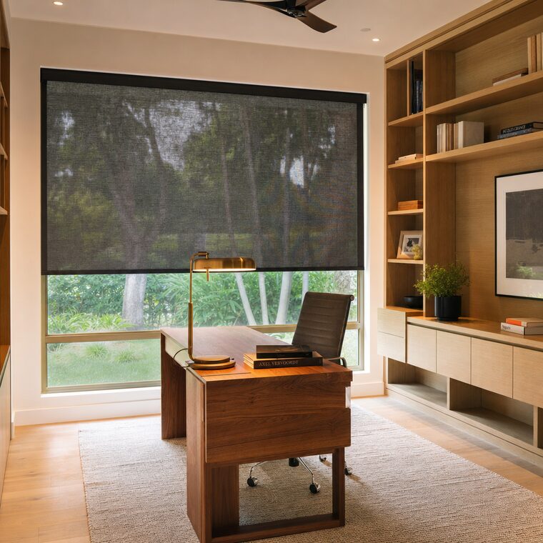 A home office with a walnut desk and integrated white oak shelving, a motorized charcoal solar shade lowered over the window with the garden faint through the weave