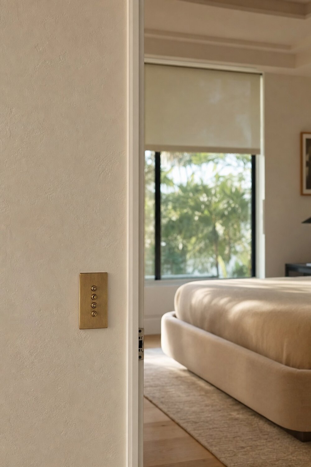 Motorized shades across a window wall in a open-plan room